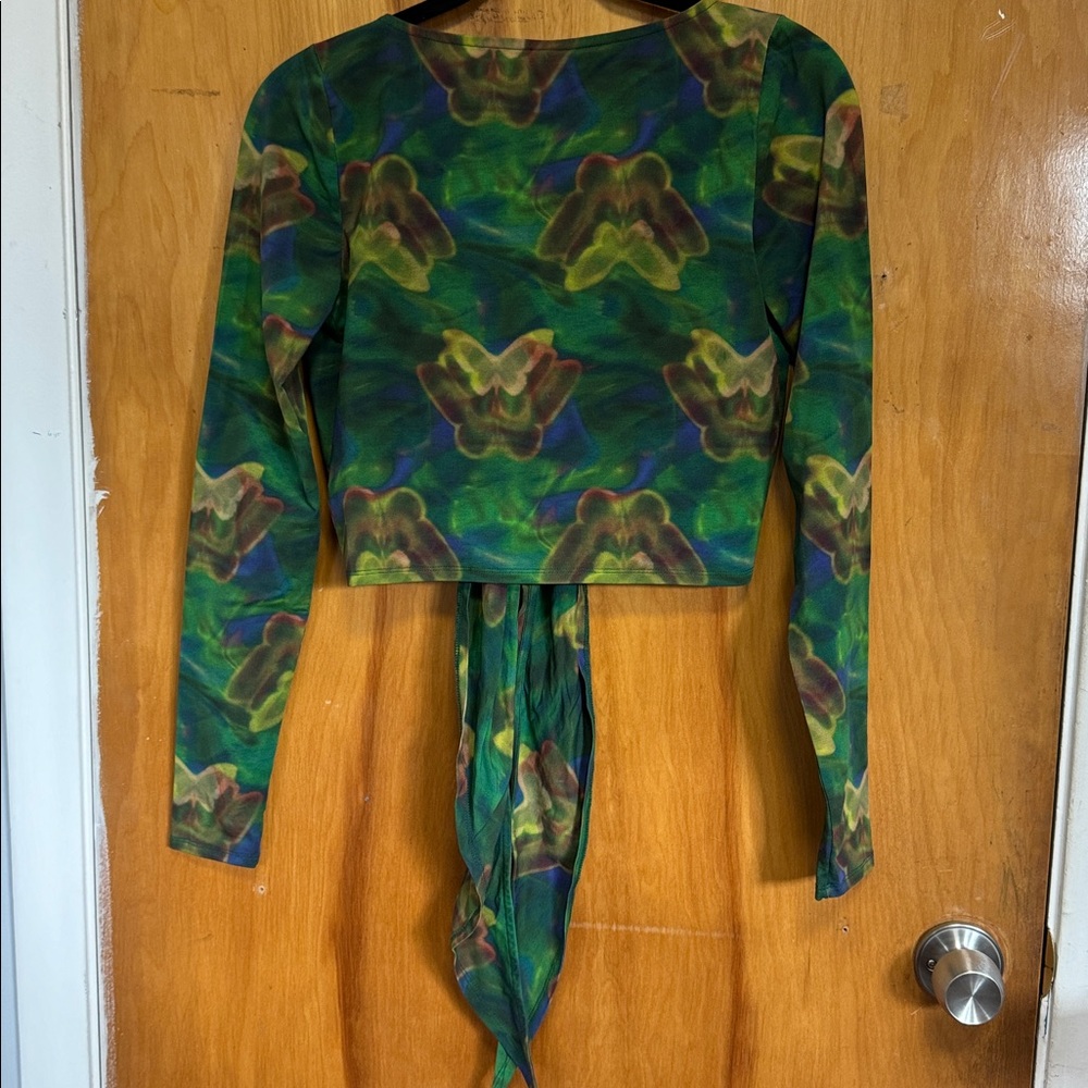 Re/Done x Pam Anderson Wrap Tie Top - Green Butterfly - Picture 8 of 8